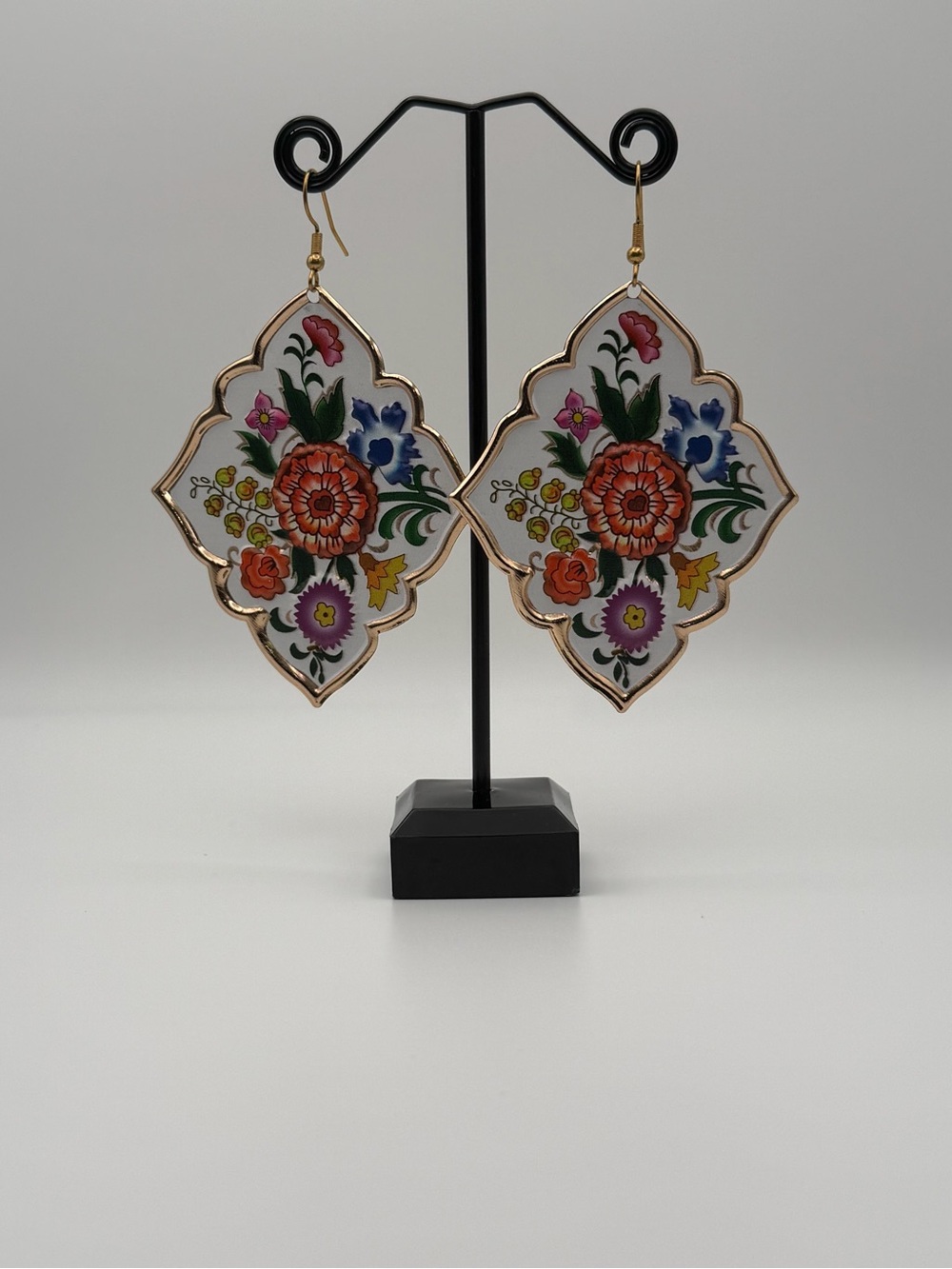 Floral Enamel Drop Earrings - Gold Trim, Multicolor